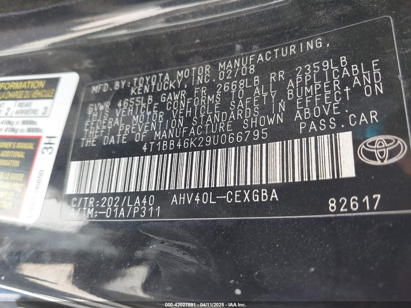 2009 TOYOTA CAMRY HYBRID VIN: 4T1BB46K29U066795