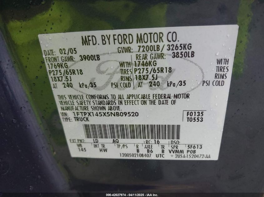 2005 Ford F-150 Fx4/Lariat/Xl/Xlt VIN: 1FTPX145X5NB09520 Lot: 42027974