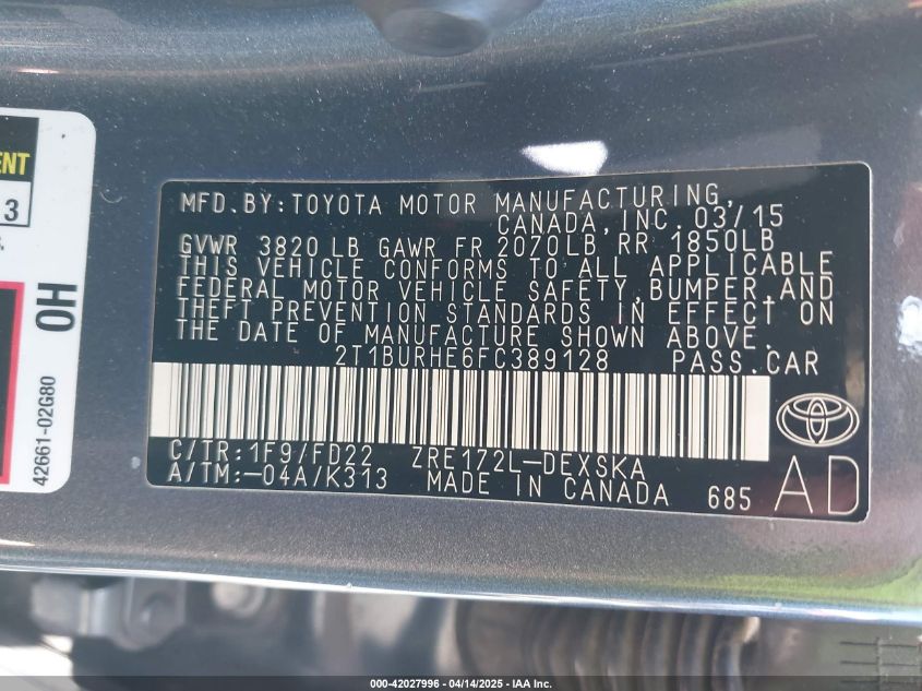 2015 Toyota Corolla S Plus VIN: 2T1BURHE6FC389128 Lot: 42027996