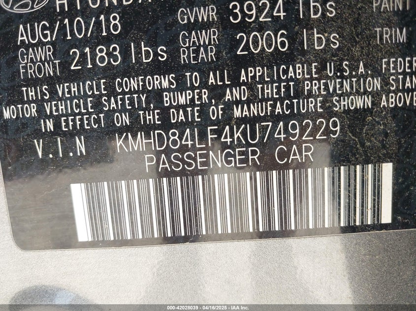 2019 HYUNDAI ELANTRA SEL - KMHD84LF4KU749229