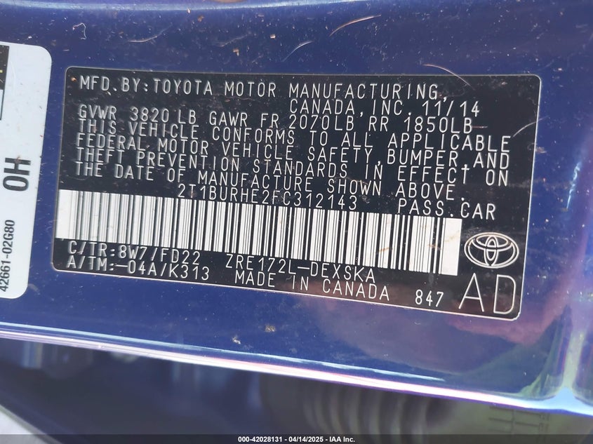 2015 TOYOTA COROLLA VIN: 2T1BURHE2FC312143