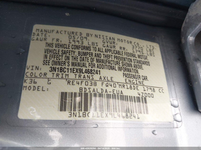 2009 NISSAN VERSA VIN: 3N1BC11EX9L468241