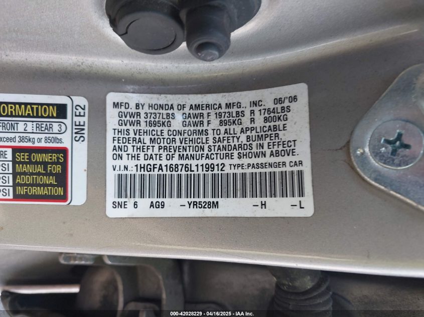 2006 Honda Civic Ex VIN: 1HGFA16876L119912 Lot: 42028229