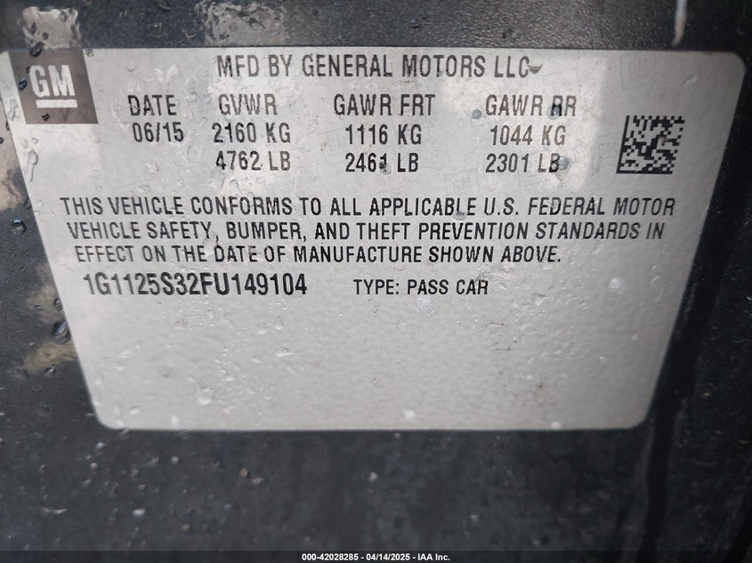 2015 CHEVROLET IMPALA 2LT - 1G1125S32FU149104