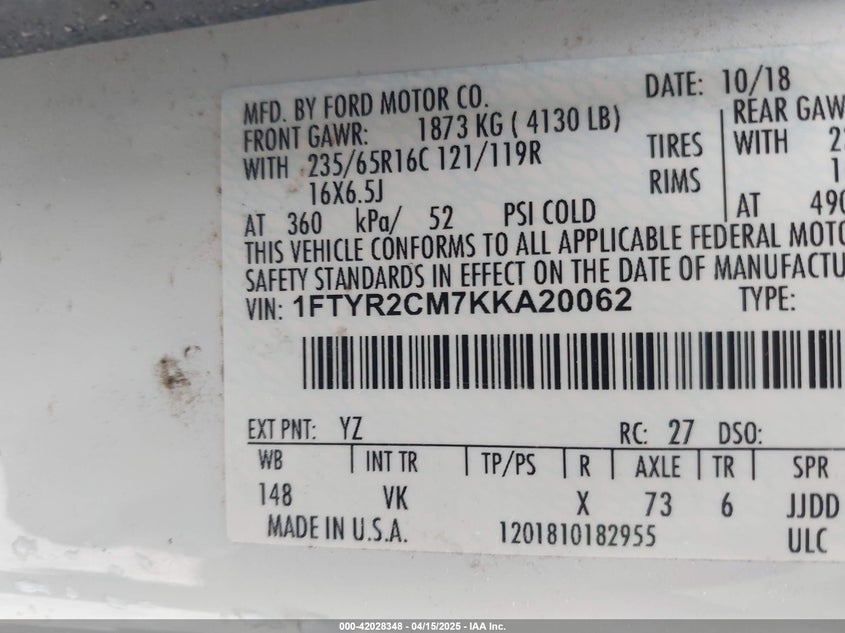 VIN 1FTYR2CM7KKA20062 2019 FORD TRANSIT-250