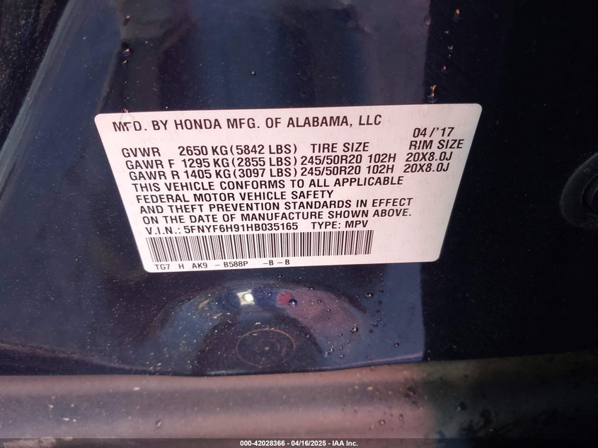 2017 HONDA PILOT TOURING - 5FNYF6H91HB035165