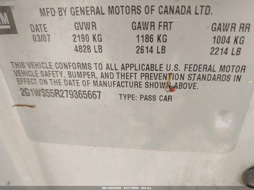 2007 CHEVROLET IMPALA VIN: 2G1WS55R279365667