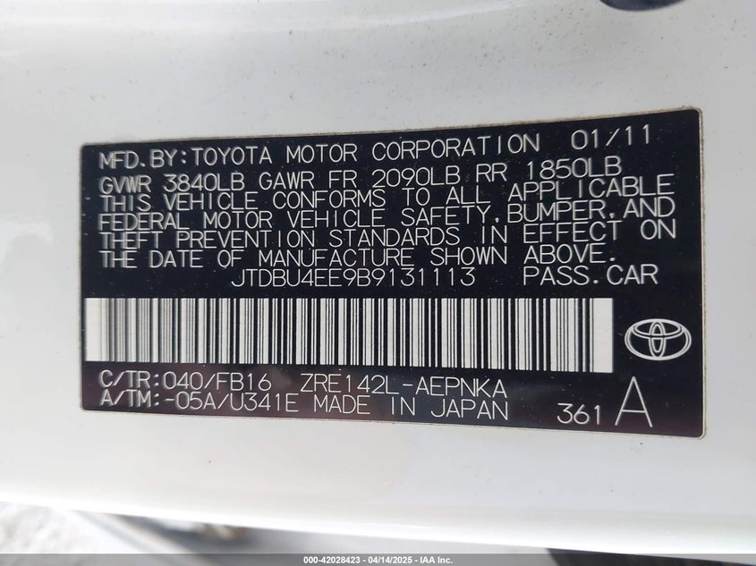 2011 TOYOTA COROLLA VIN: JTDBU4EE9B9131113