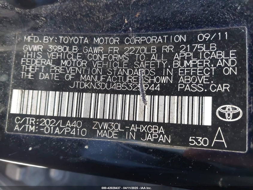 2011 TOYOTA PRIUS VIN: JTDKN3DU4B5325944