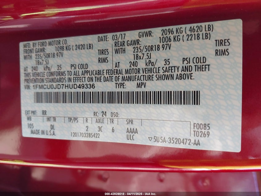 VIN 1FMCU0JD7HUD49336 2017 FORD ESCAPE TITANIUM