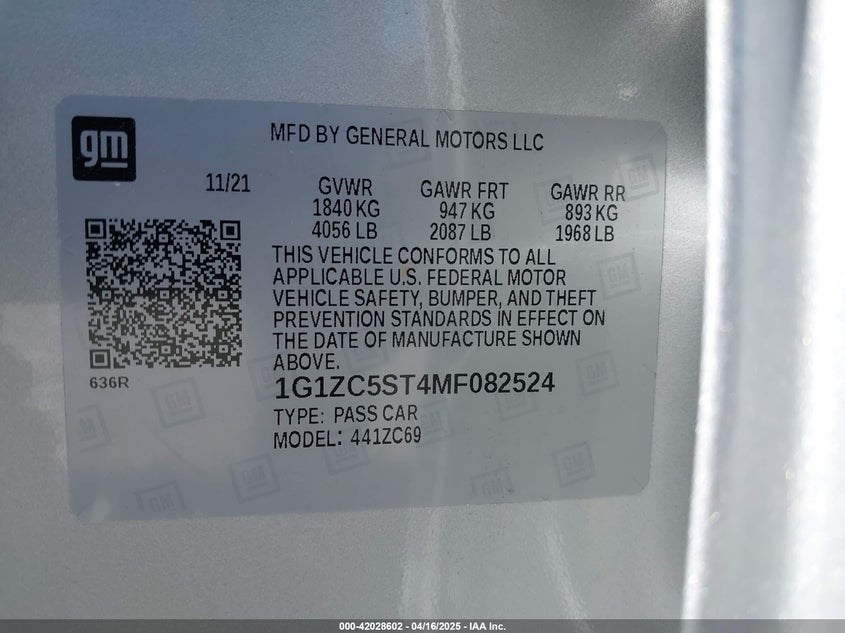 2021 CHEVROLET MALIBU VIN: 1G1ZC5ST4MF082524