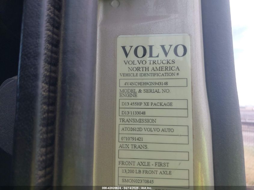 2016 Volvo Vn Vnl VIN: 4V4NC9EH9GN943148 Lot: 42028624