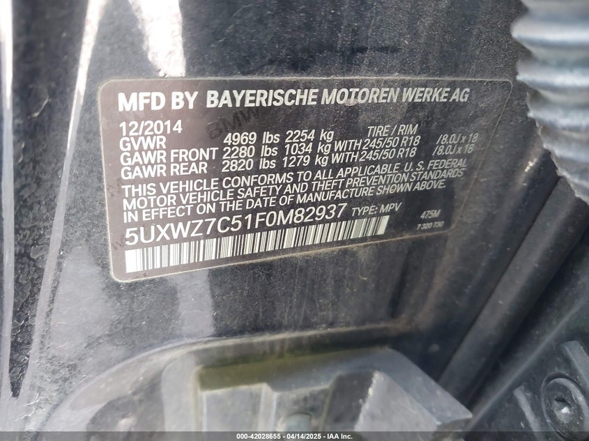 2015 BMW X3 VIN: 5UXWZ7C51F0M82937