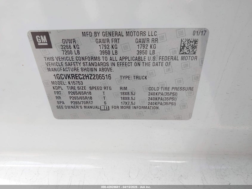 2017 CHEVROLET SILVERADO 1500 VIN: 1GCVKREC2HZ206516