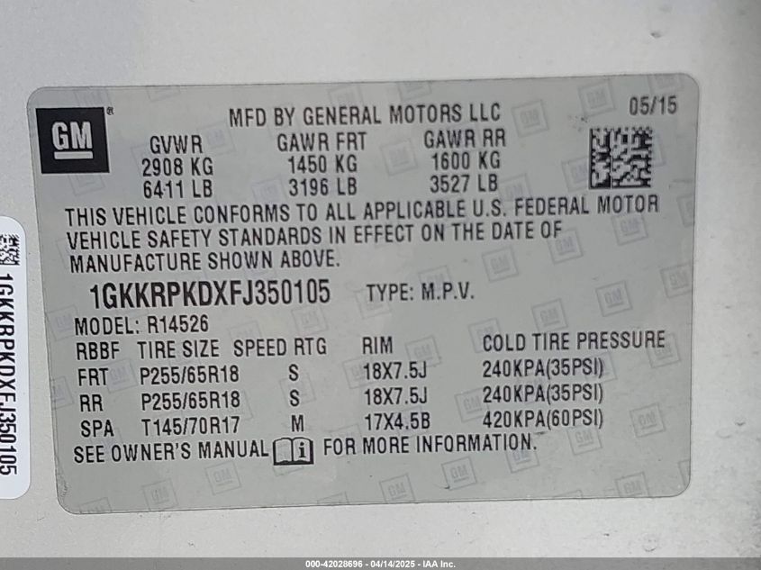 2015 GMC Acadia Sle-2 VIN: 1GKKRPKDXFJ350105 Lot: 42028696