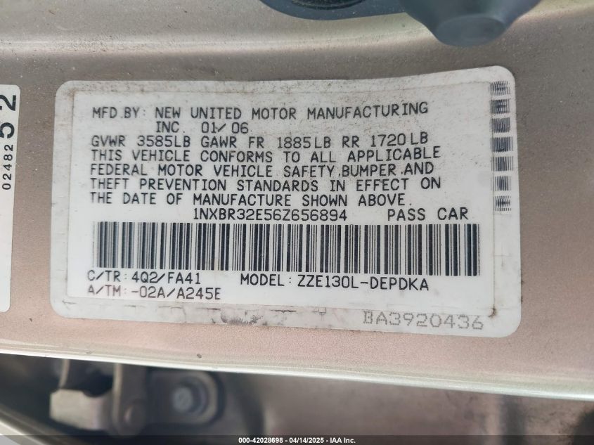 2006 Toyota Corolla Ce VIN: 1NXBR32E56Z656894 Lot: 42028698