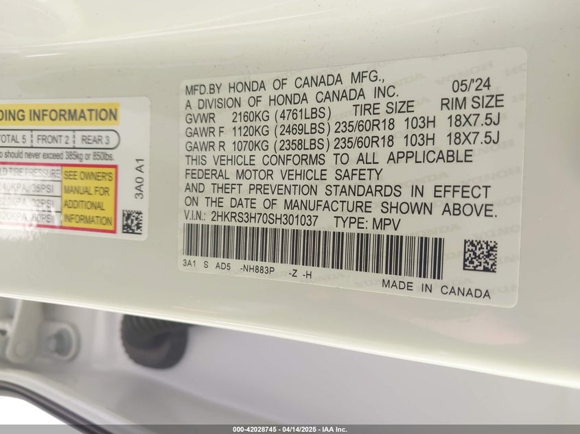 2025 HONDA CR-V VIN: 2HKRS3H70SH301037
