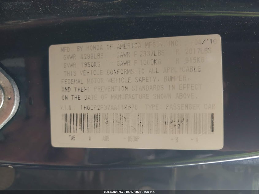 2010 HONDA ACCORD VIN: 1HGCP2F37AA119876