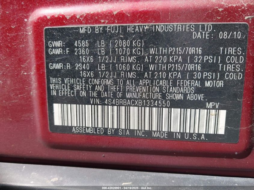 2011 Subaru Outback VIN: 4S4BRBATXB1334550 Lot: 42028901