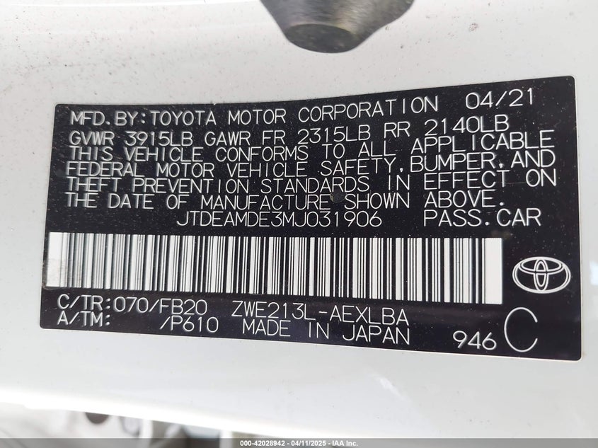 2021 TOYOTA COROLLA HYBRID LE - JTDEAMDE3MJ031906