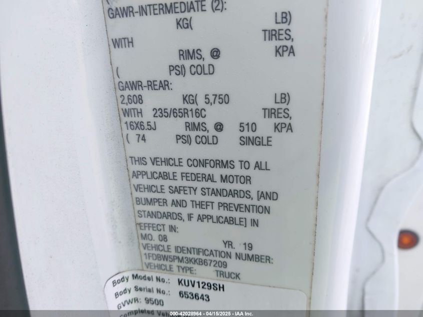 2019 Ford Transit-350 Cutaway VIN: 1FDBW5PM3KKB67209 Lot: 42028964