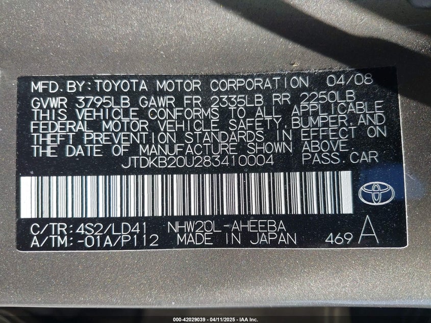 2008 TOYOTA PRIUS VIN: JTDKB20U283410004