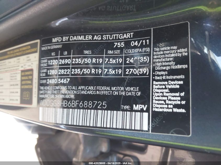 2011 Mercedes-Benz Glk 350 4Matic VIN: WDCGG8HB6BF688725 Lot: 42029089