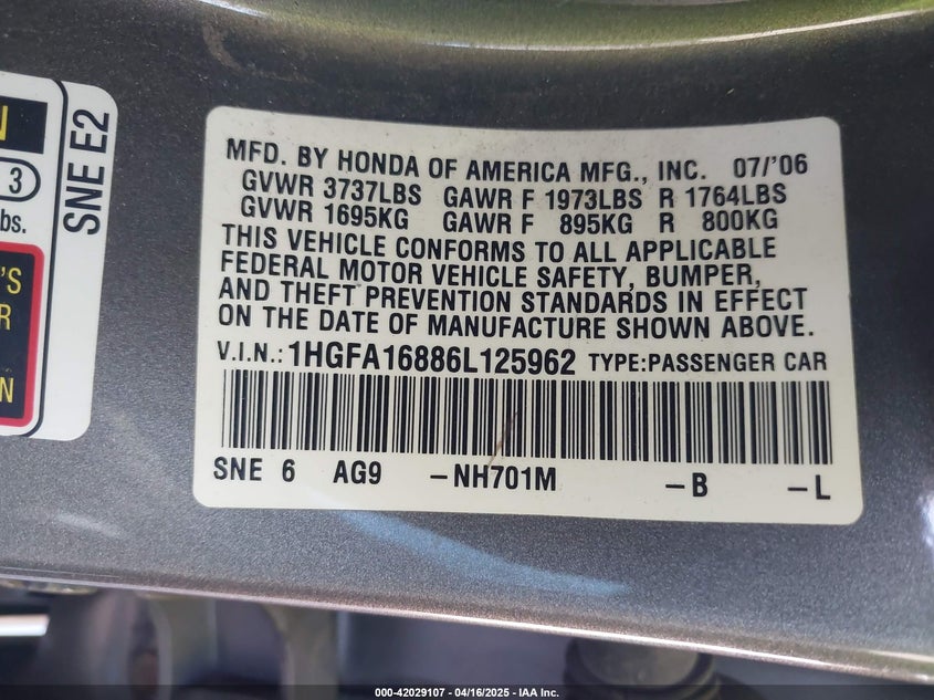2006 HONDA CIVIC VIN: 1HGFA16886L125962