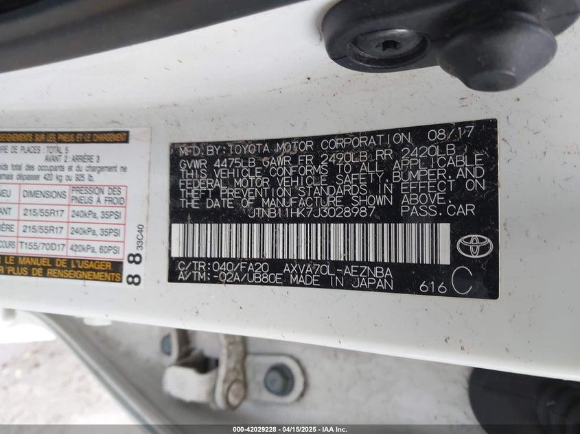 2018 TOYOTA CAMRY VIN: JTNB11HK7J3028987