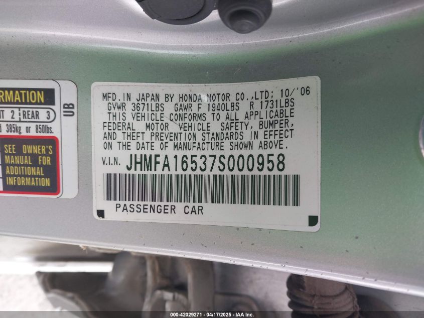 2007 Honda Civic Lx VIN: JHMFA16537S000958 Lot: 42029271