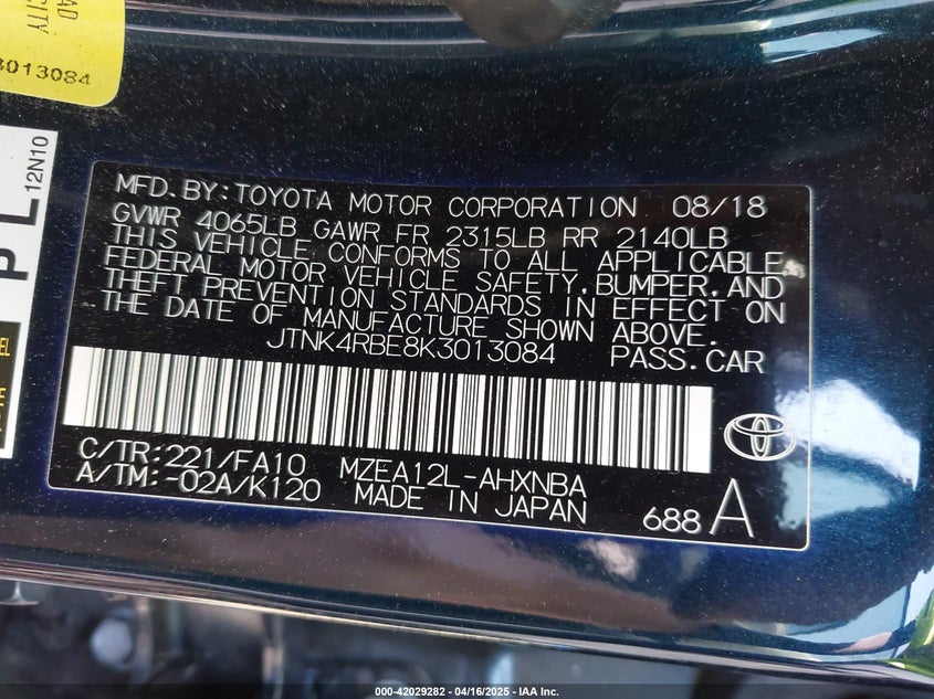 2019 TOYOTA COROLLA VIN: JTNK4RBE8K3013084