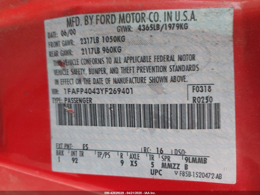 2000 Ford Mustang VIN: 1FAFP4043YF269401 Lot: 42029339