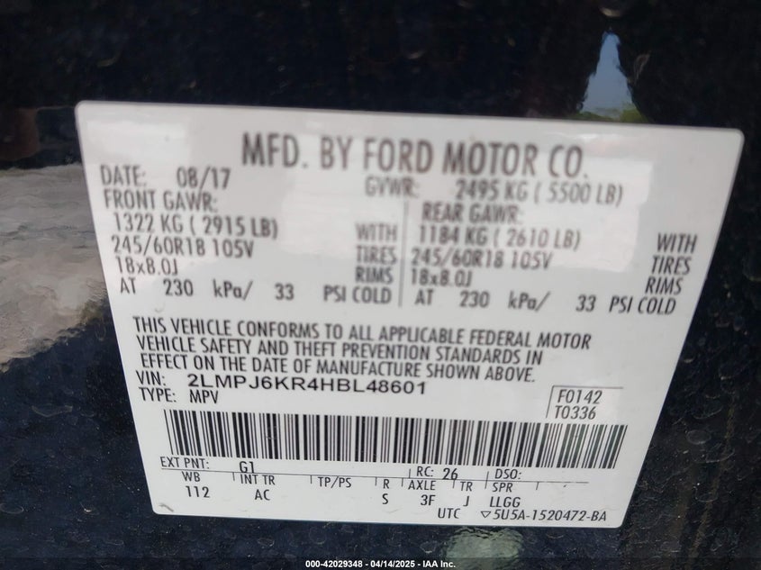 2017 LINCOLN MKX SELECT - 2LMPJ6KR4HBL48601