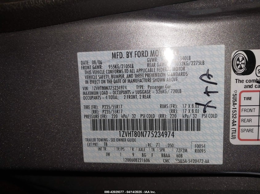 2007 FORD MUSTANG VIN: 1ZVHT80N775234974