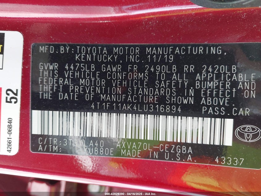 2020 TOYOTA CAMRY VIN: 4T1F11AK4LU316894