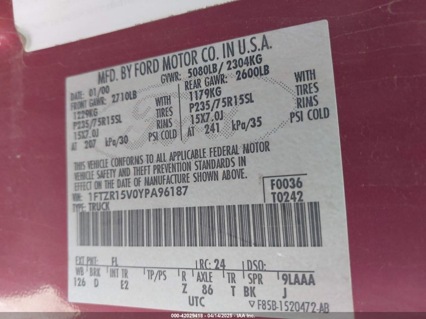 2000 Ford Ranger Xl/Xlt VIN: 1FTZR15V0YPA96187 Lot: 42029418