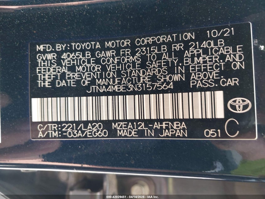 2022 TOYOTA COROLLA VIN: JTNA4MBE3N3157564