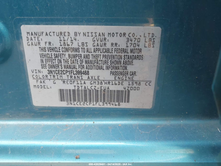 2015 NISSAN VERSA NOTE VIN: 3N1CE2CP1FL399468