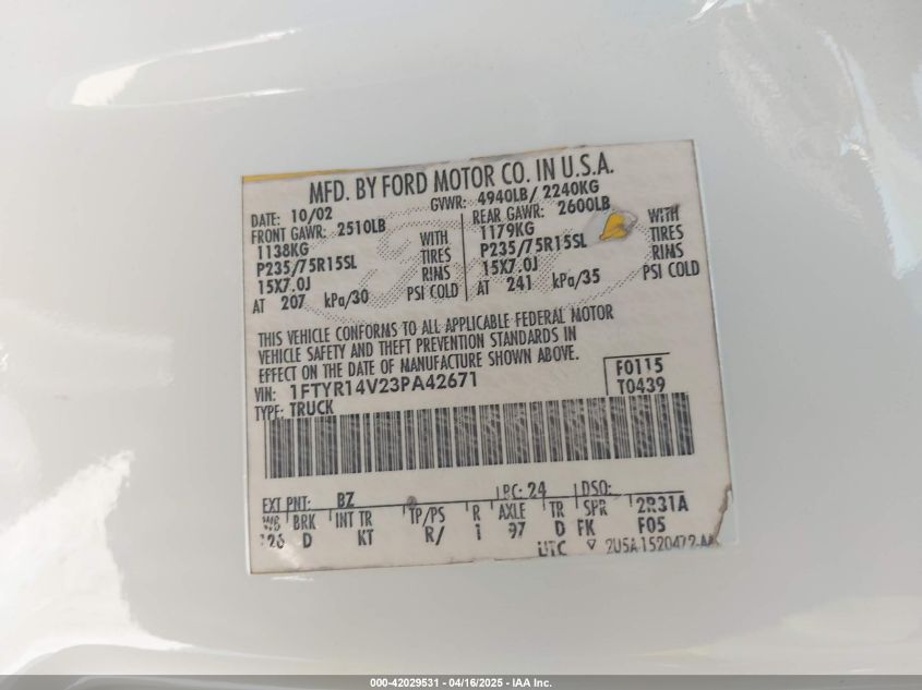 2003 Ford Ranger Edge/Tremor/Xl/Xlt VIN: 1FTYR14V23PA42671 Lot: 42029531