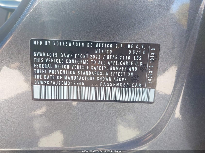 2014 Volkswagon Unknown VIN: 3VW2K7JJ7EM319965 Lot: 42029537
