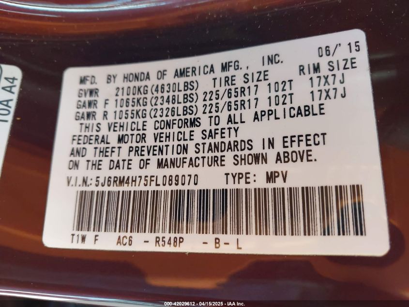 2015 HONDA CR-V EX-L - 5J6RM4H75FL089070