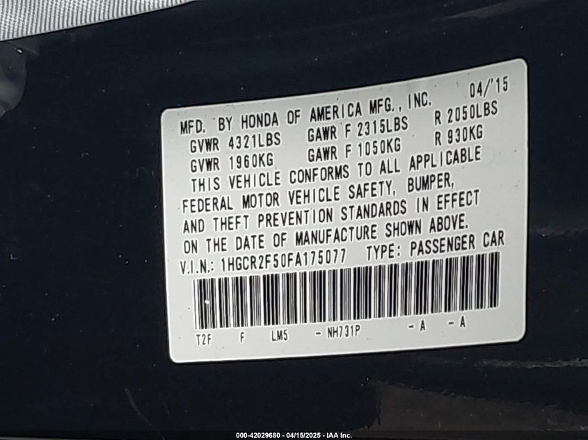 2015 HONDA ACCORD VIN: 1HGCR2F50FA175077