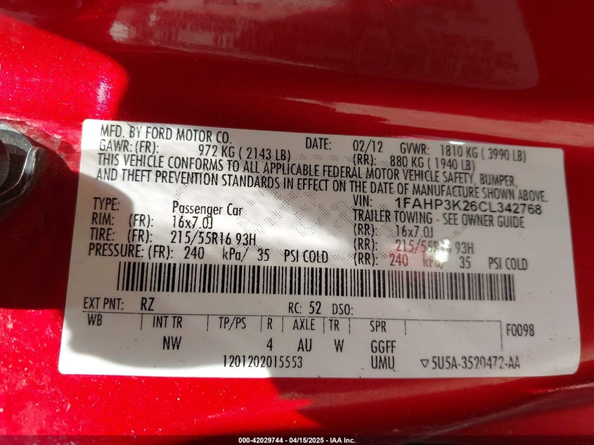2012 FORD FOCUS VIN: 1FAHP3K26CL342768