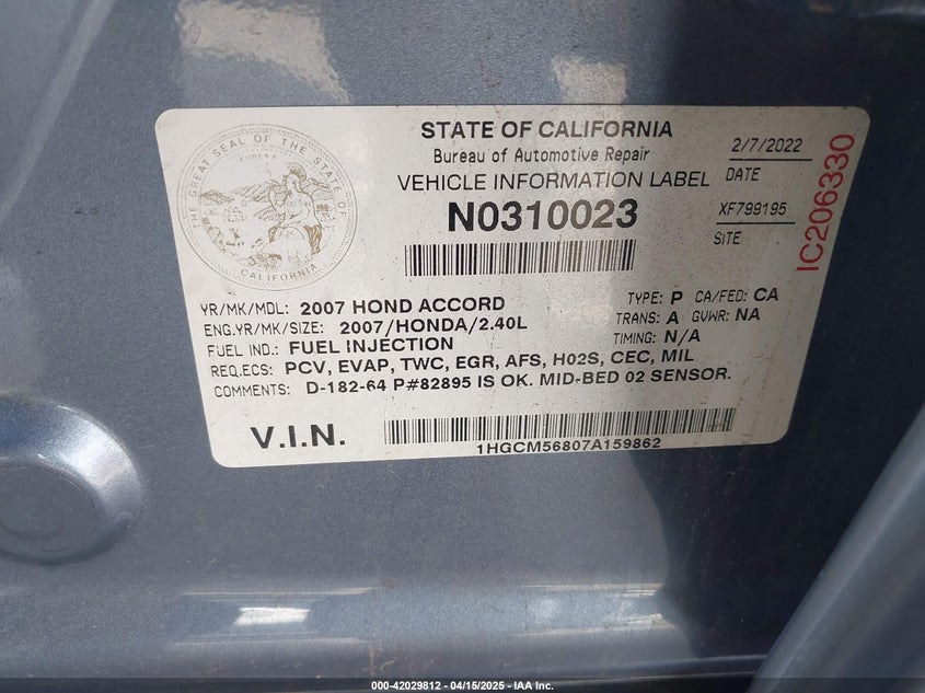 2007 HONDA ACCORD VIN: 1HGCM56807A159862