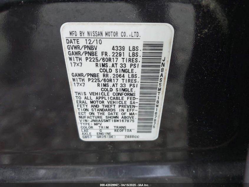 2011 Nissan Rogue Sv VIN: JN8AS5MT1BW167875 Lot: 42029967