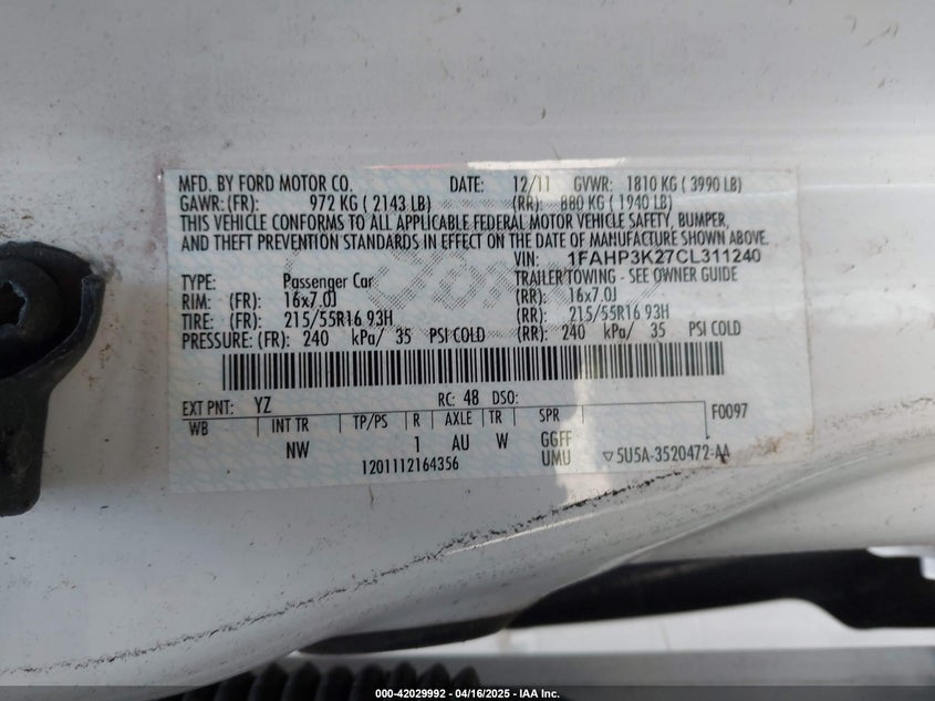 2012 FORD FOCUS VIN: 1FAHP3K27CL311240