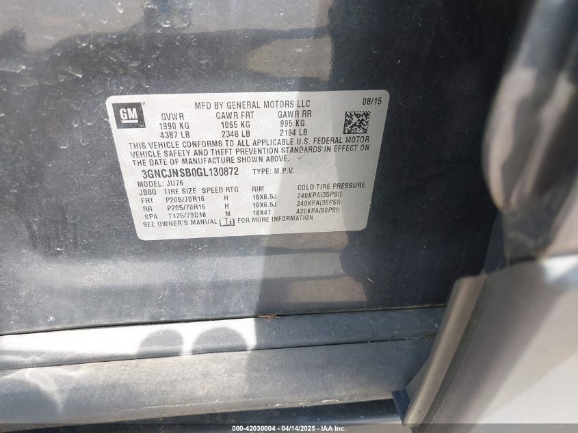 2016 CHEVROLET TRAX 1LS - 3GNCJNSBOGL130872