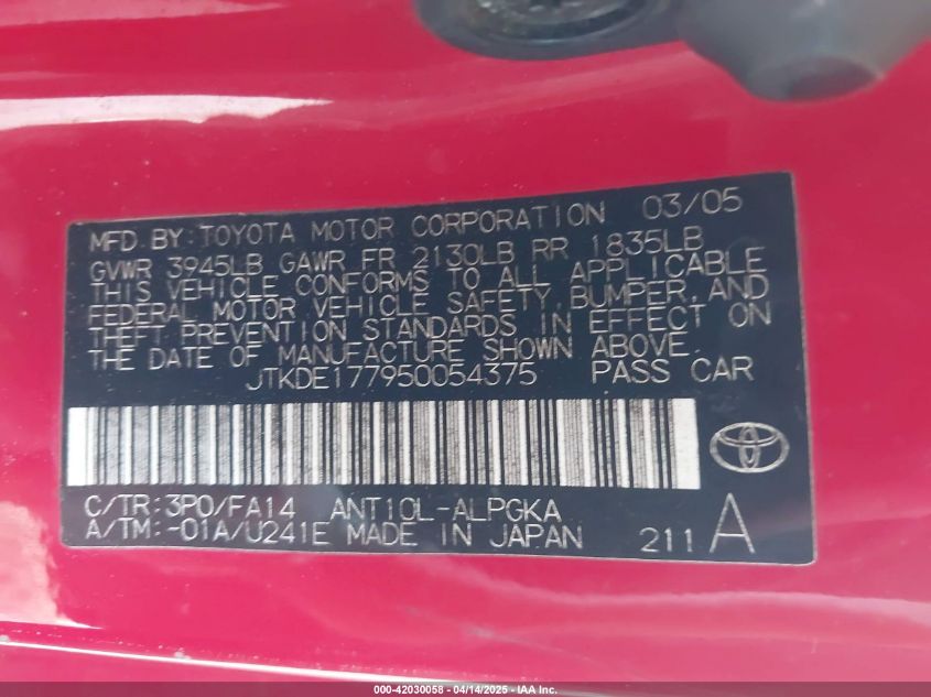 2005 Scion Tc VIN: JTKDE177950054375 Lot: 42030058