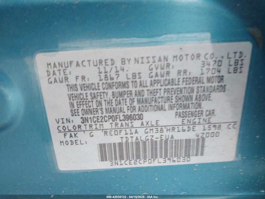 2015 NISSAN VERSA NOTE SR - 3N1CE2CP0FL396030