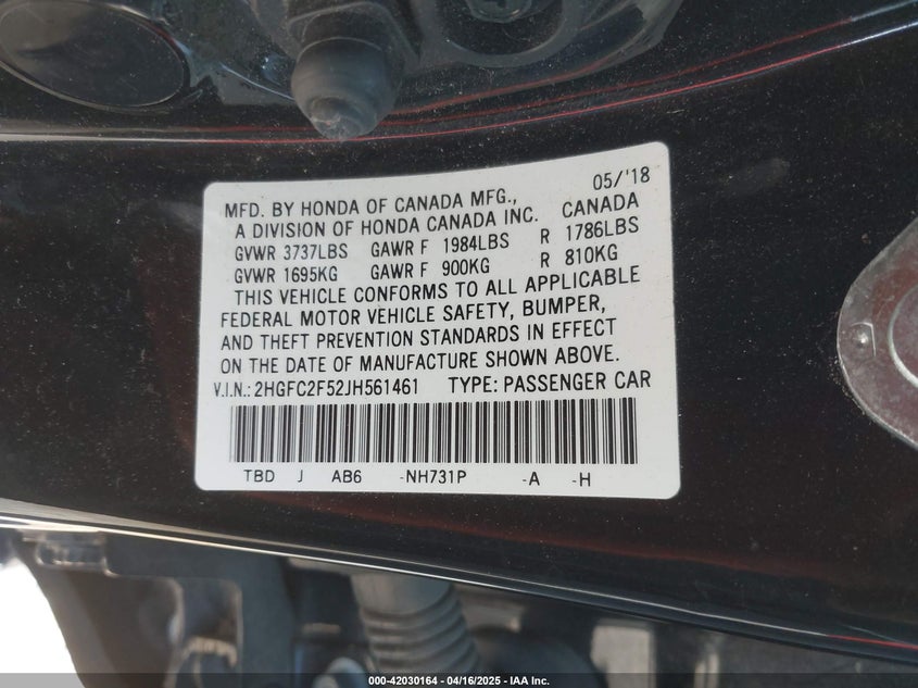 2018 HONDA CIVIC VIN: 2HGFC2F52JH561461